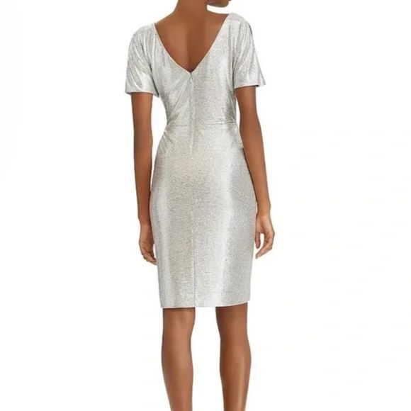 Ralph Lauren Silver Metallic Jersey Stretch Surplice Cold Shoulder Size 4P - Picture 2 of 10